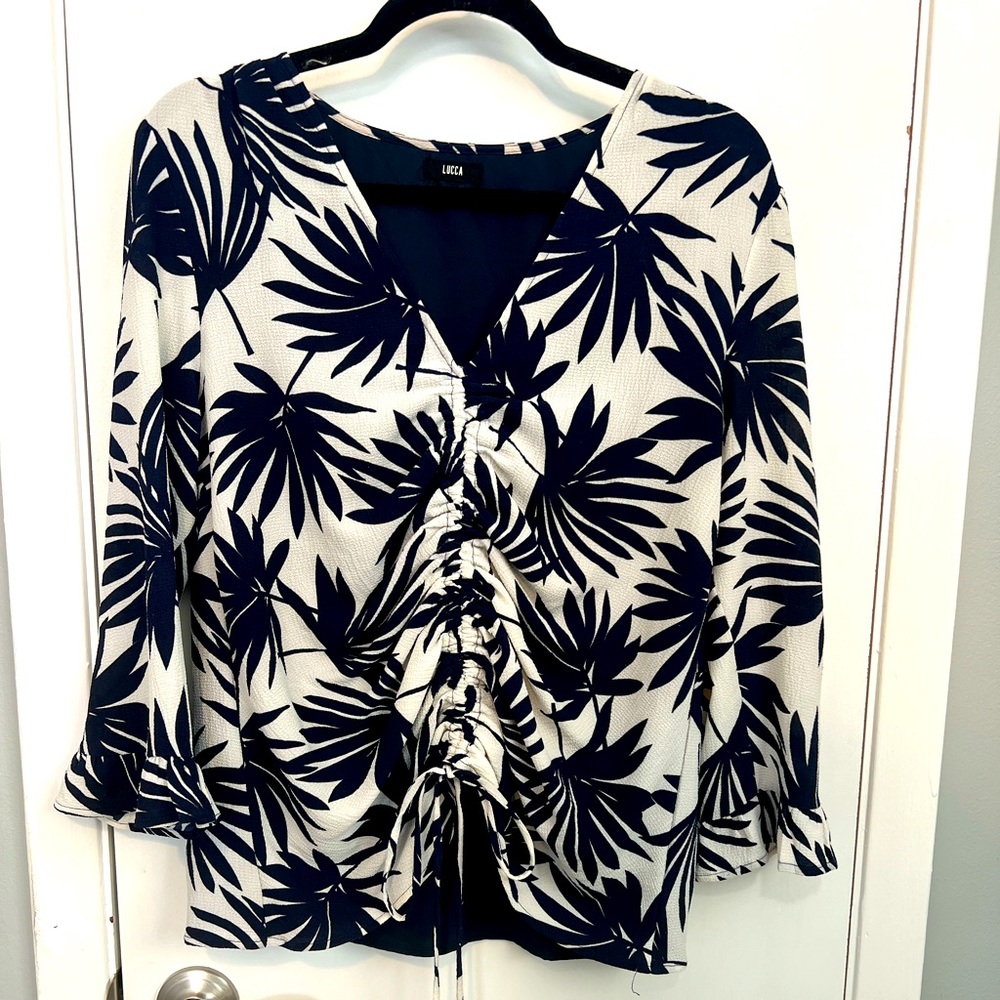 Lucca Couture Revolve Blouse Navy & White 3/4” Sleeves, V-neck, and Tunnel Tie